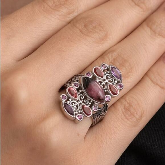 Rhodonite and Multi Gemstone Ring, Size 8, Platinum over Sterling Silver 4.7 ctw - Picture 2 of 6